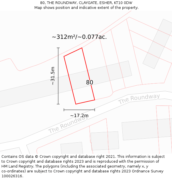 80, THE ROUNDWAY, CLAYGATE, ESHER, KT10 0DW: Plot and title map