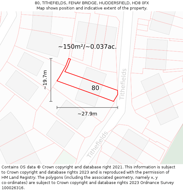 80, TITHEFIELDS, FENAY BRIDGE, HUDDERSFIELD, HD8 0FX: Plot and title map