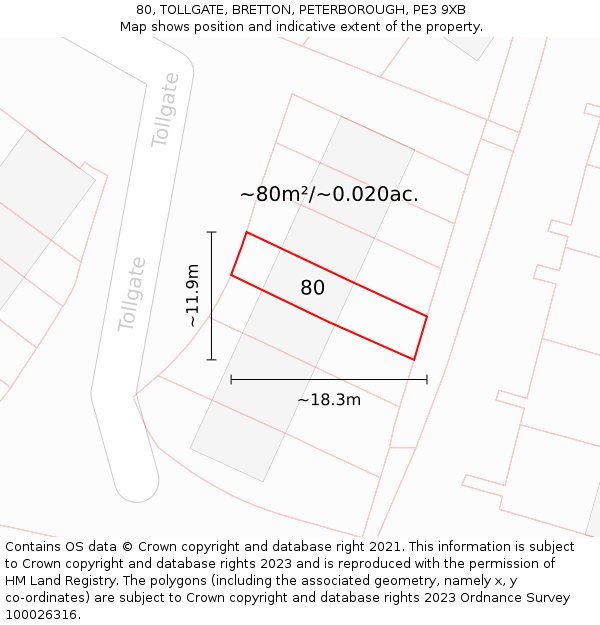 80, TOLLGATE, BRETTON, PETERBOROUGH, PE3 9XB: Plot and title map