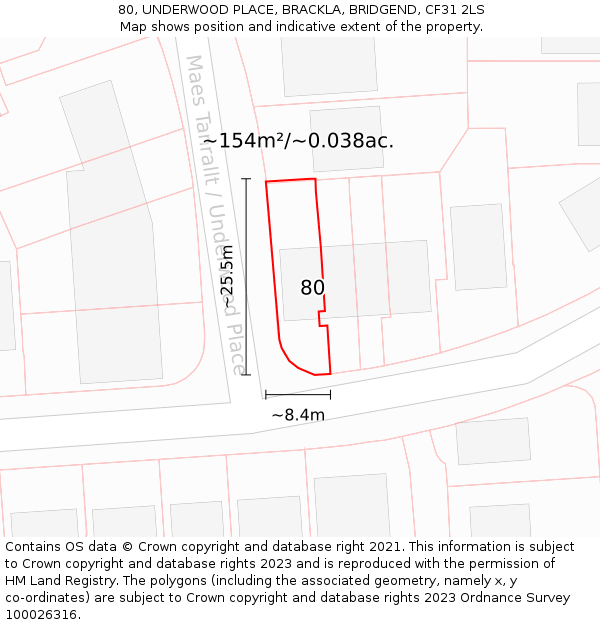 80, UNDERWOOD PLACE, BRACKLA, BRIDGEND, CF31 2LS: Plot and title map