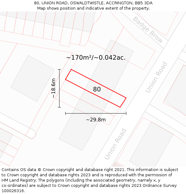 80, UNION ROAD, OSWALDTWISTLE, ACCRINGTON, BB5 3DA: Plot and title map