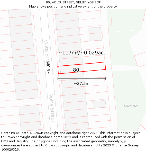 80, VOLTA STREET, SELBY, YO8 8DF: Plot and title map