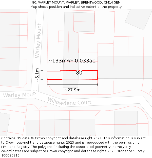 80, WARLEY MOUNT, WARLEY, BRENTWOOD, CM14 5EN: Plot and title map
