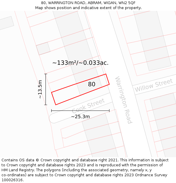 80, WARRINGTON ROAD, ABRAM, WIGAN, WN2 5QF: Plot and title map
