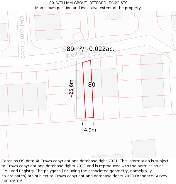 80, WELHAM GROVE, RETFORD, DN22 6TS: Plot and title map