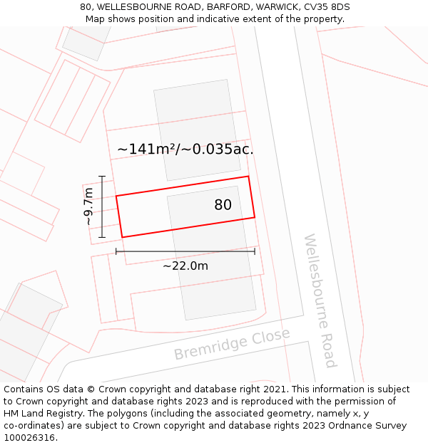 80, WELLESBOURNE ROAD, BARFORD, WARWICK, CV35 8DS: Plot and title map