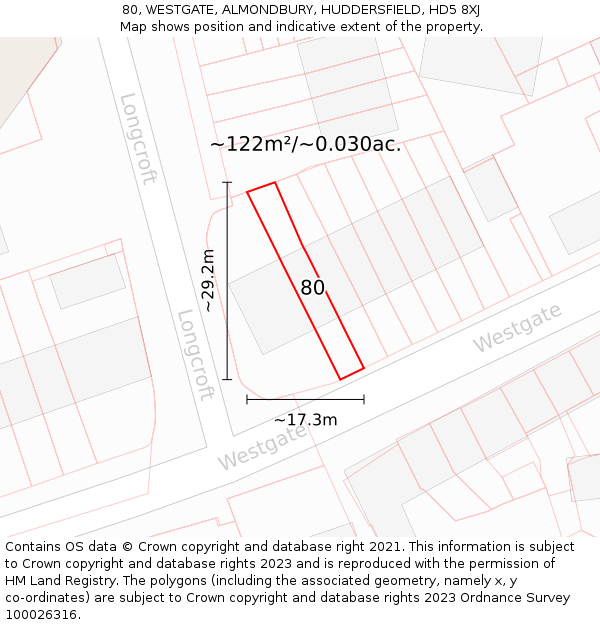 80, WESTGATE, ALMONDBURY, HUDDERSFIELD, HD5 8XJ: Plot and title map