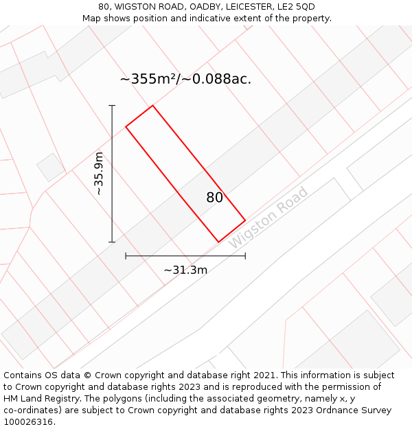 80, WIGSTON ROAD, OADBY, LEICESTER, LE2 5QD: Plot and title map