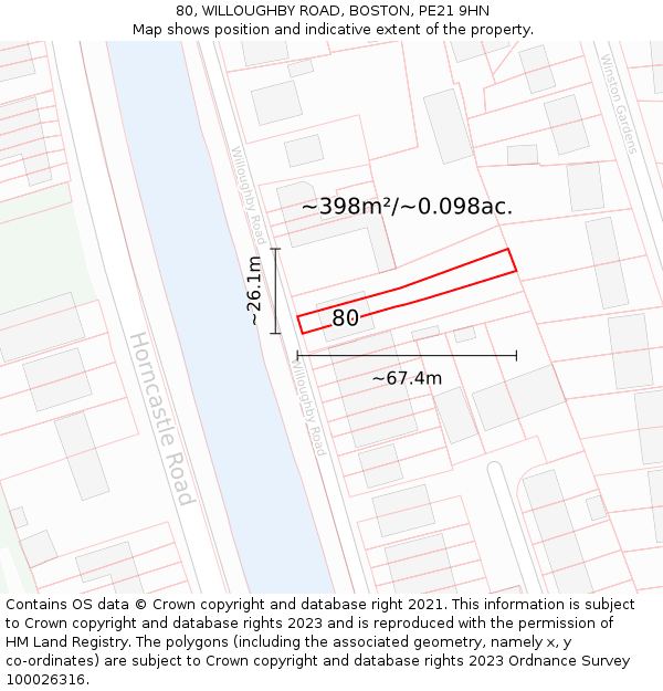 80, WILLOUGHBY ROAD, BOSTON, PE21 9HN: Plot and title map
