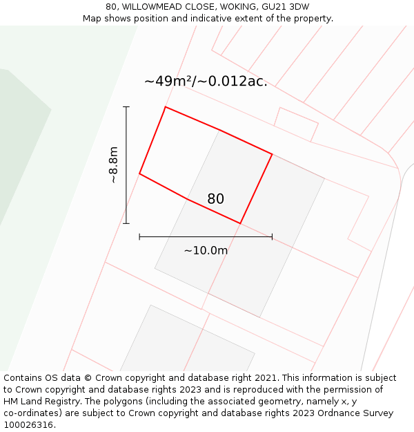 80, WILLOWMEAD CLOSE, WOKING, GU21 3DW: Plot and title map