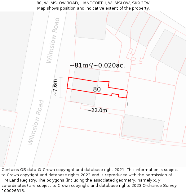 80, WILMSLOW ROAD, HANDFORTH, WILMSLOW, SK9 3EW: Plot and title map