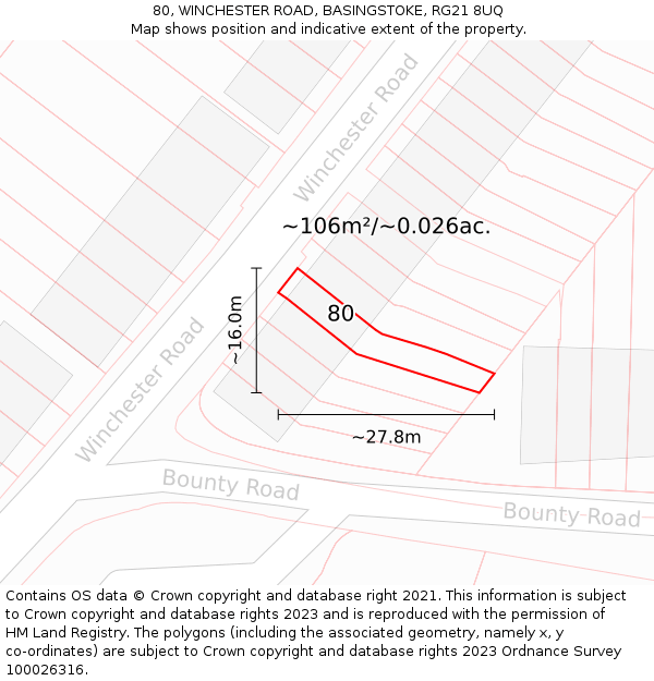 80, WINCHESTER ROAD, BASINGSTOKE, RG21 8UQ: Plot and title map
