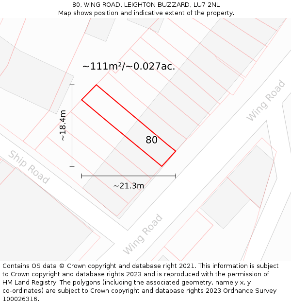 80, WING ROAD, LEIGHTON BUZZARD, LU7 2NL: Plot and title map