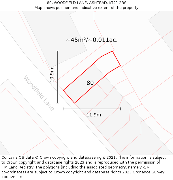 80, WOODFIELD LANE, ASHTEAD, KT21 2BS: Plot and title map