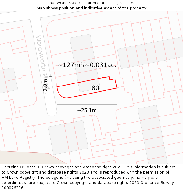 80, WORDSWORTH MEAD, REDHILL, RH1 1AJ: Plot and title map