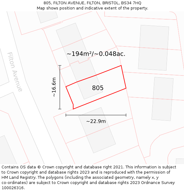 805, FILTON AVENUE, FILTON, BRISTOL, BS34 7HQ: Plot and title map