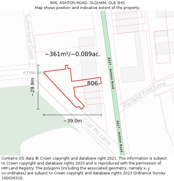 806, ASHTON ROAD, OLDHAM, OL8 3HS: Plot and title map