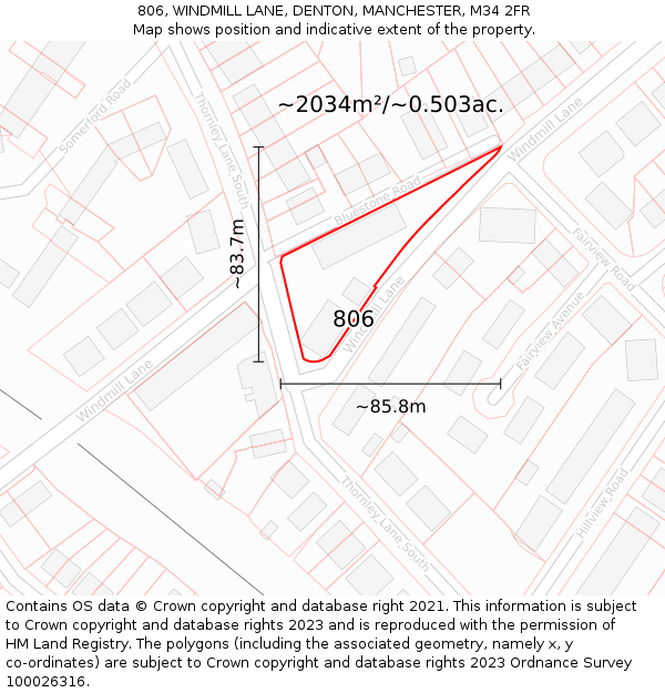806, WINDMILL LANE, DENTON, MANCHESTER, M34 2FR: Plot and title map