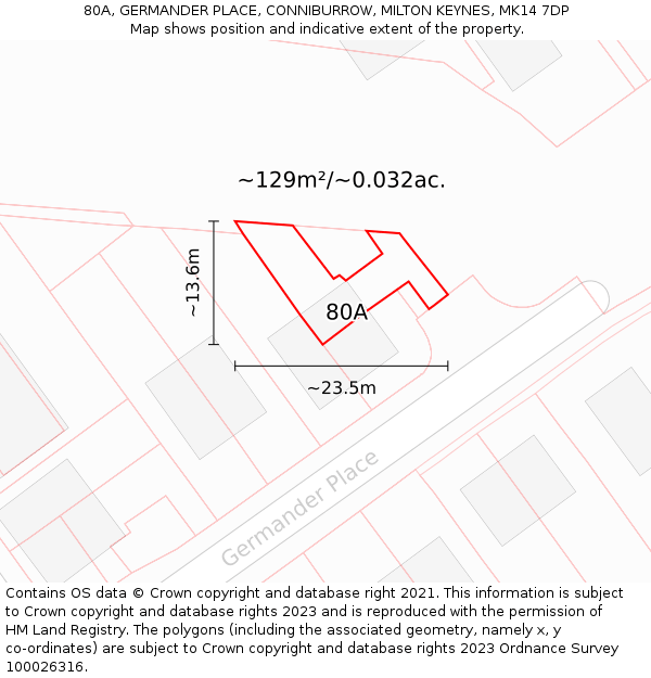 80A, GERMANDER PLACE, CONNIBURROW, MILTON KEYNES, MK14 7DP: Plot and title map