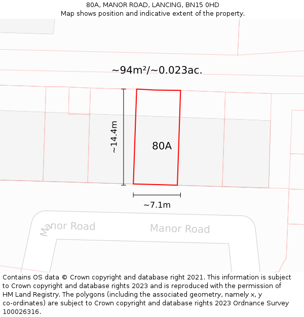 80A, MANOR ROAD, LANCING, BN15 0HD: Plot and title map