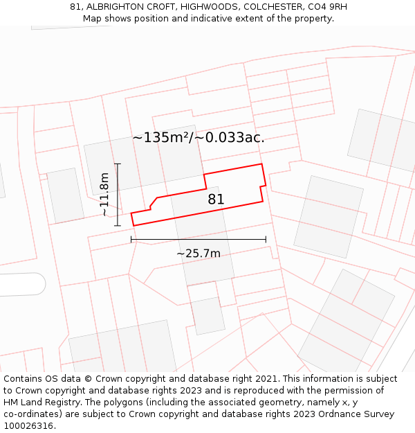 81, ALBRIGHTON CROFT, HIGHWOODS, COLCHESTER, CO4 9RH: Plot and title map