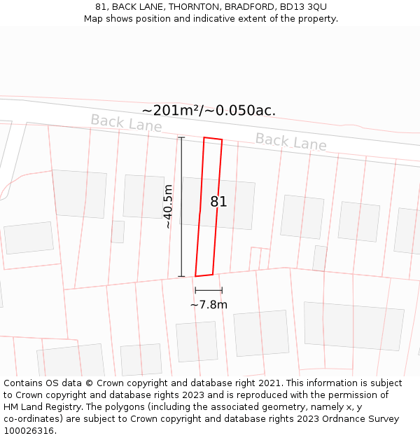81, BACK LANE, THORNTON, BRADFORD, BD13 3QU: Plot and title map