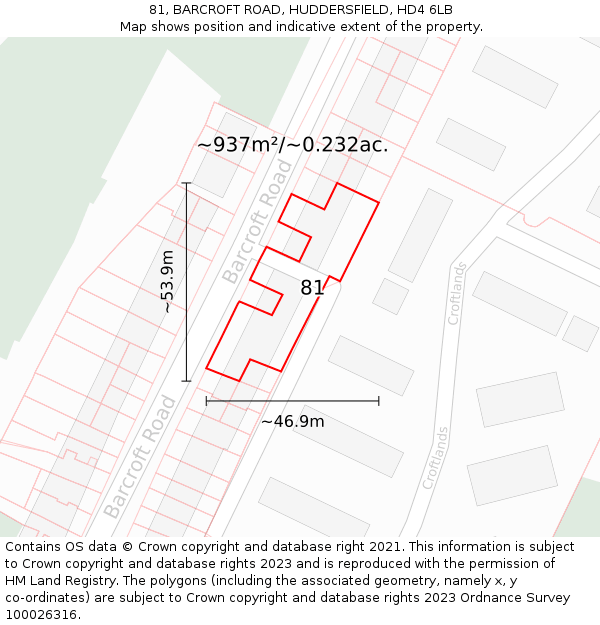 81, BARCROFT ROAD, HUDDERSFIELD, HD4 6LB: Plot and title map