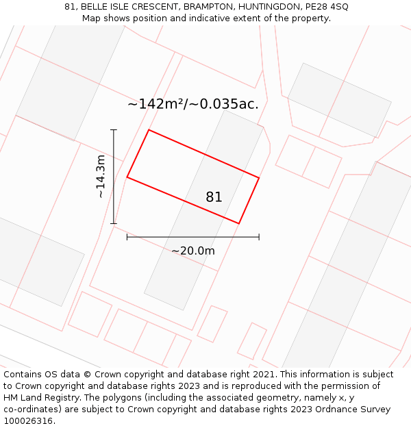 81, BELLE ISLE CRESCENT, BRAMPTON, HUNTINGDON, PE28 4SQ: Plot and title map