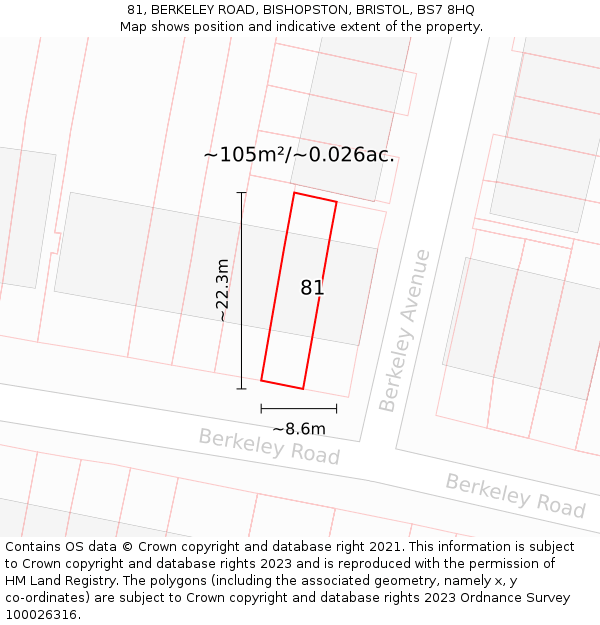 81, BERKELEY ROAD, BISHOPSTON, BRISTOL, BS7 8HQ: Plot and title map