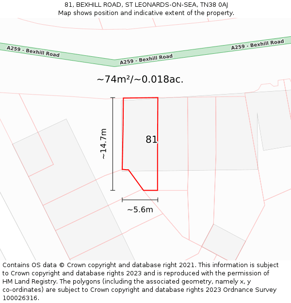 81, BEXHILL ROAD, ST LEONARDS-ON-SEA, TN38 0AJ: Plot and title map