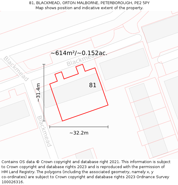81, BLACKMEAD, ORTON MALBORNE, PETERBOROUGH, PE2 5PY: Plot and title map