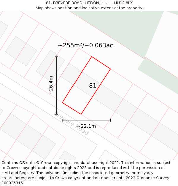 81, BREVERE ROAD, HEDON, HULL, HU12 8LX: Plot and title map