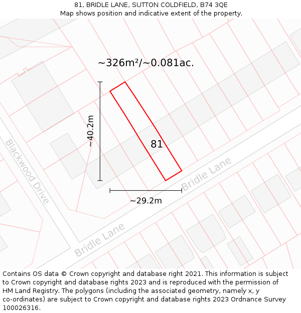 81, BRIDLE LANE, SUTTON COLDFIELD, B74 3QE: Plot and title map