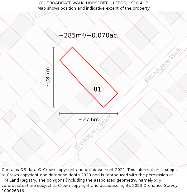 81, BROADGATE WALK, HORSFORTH, LEEDS, LS18 4HB: Plot and title map
