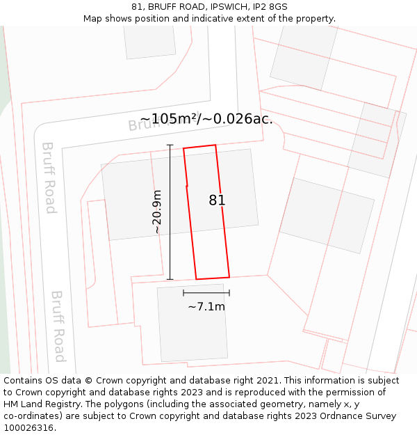 81, BRUFF ROAD, IPSWICH, IP2 8GS: Plot and title map