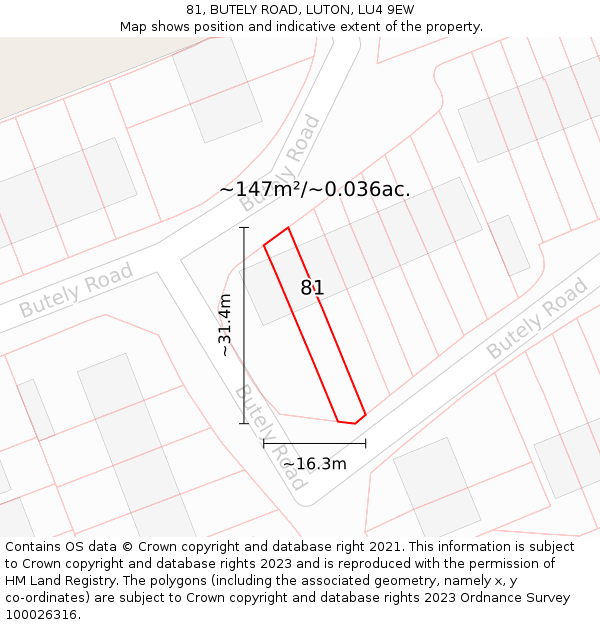 81, BUTELY ROAD, LUTON, LU4 9EW: Plot and title map