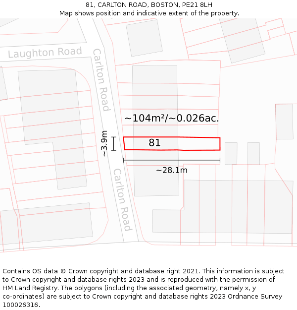 81, CARLTON ROAD, BOSTON, PE21 8LH: Plot and title map