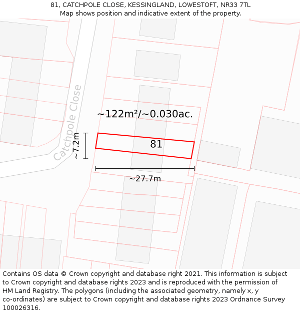 81, CATCHPOLE CLOSE, KESSINGLAND, LOWESTOFT, NR33 7TL: Plot and title map