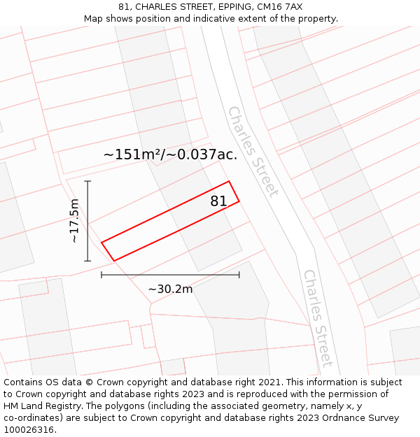 81, CHARLES STREET, EPPING, CM16 7AX: Plot and title map