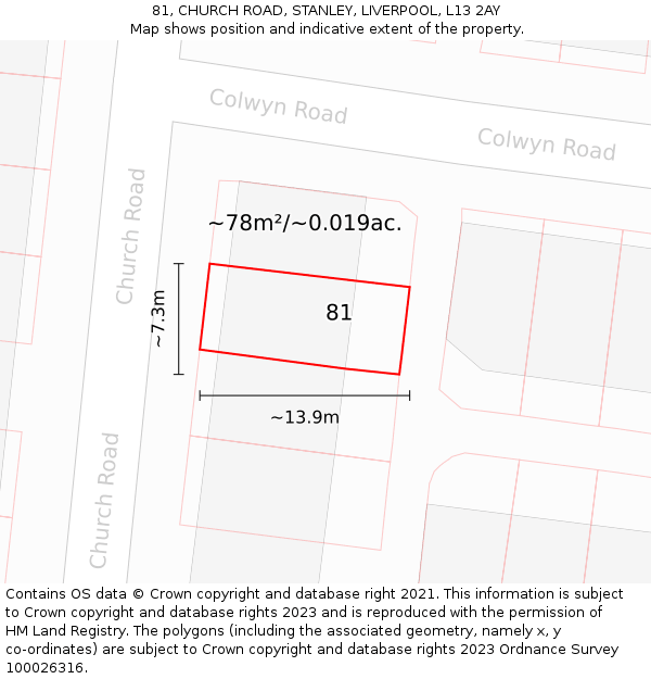81, CHURCH ROAD, STANLEY, LIVERPOOL, L13 2AY: Plot and title map