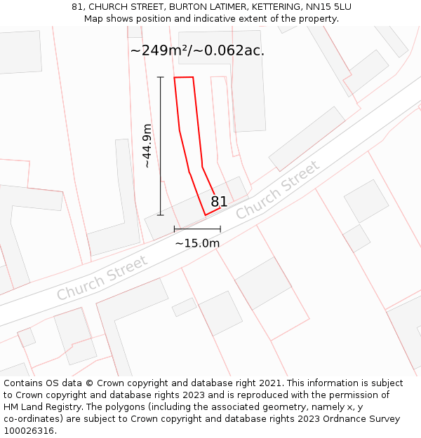 81, CHURCH STREET, BURTON LATIMER, KETTERING, NN15 5LU: Plot and title map