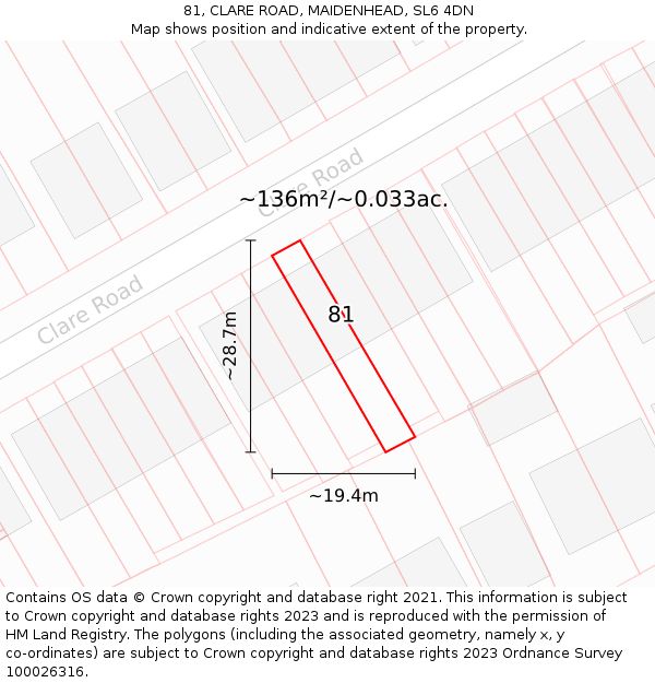 81, CLARE ROAD, MAIDENHEAD, SL6 4DN: Plot and title map
