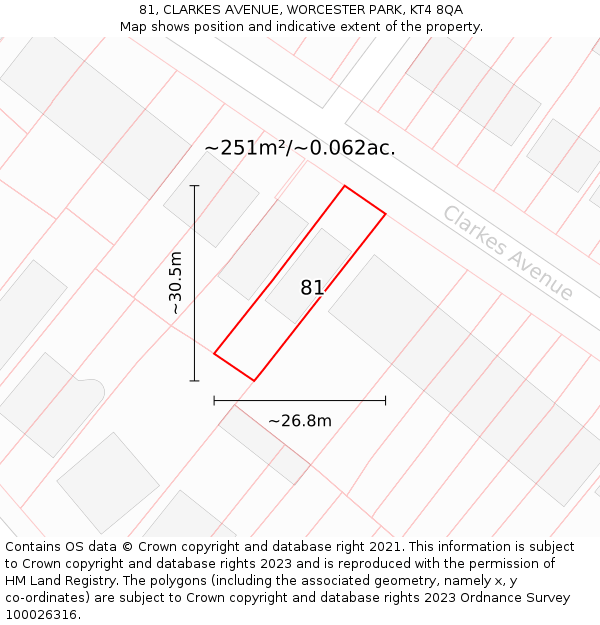 81, CLARKES AVENUE, WORCESTER PARK, KT4 8QA: Plot and title map