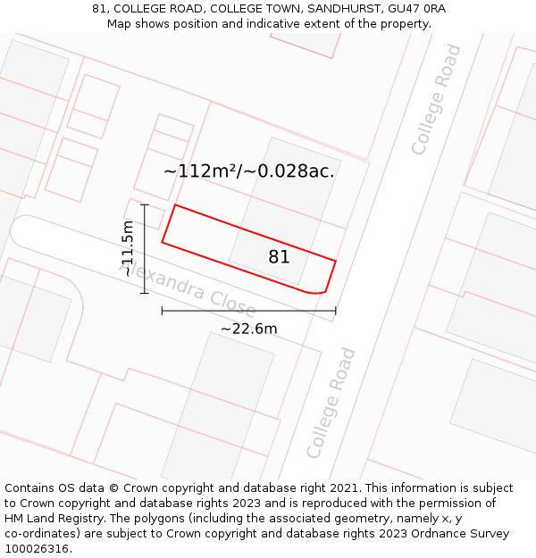 81, COLLEGE ROAD, COLLEGE TOWN, SANDHURST, GU47 0RA: Plot and title map