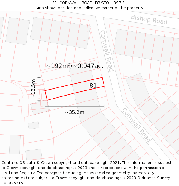 81, CORNWALL ROAD, BRISTOL, BS7 8LJ: Plot and title map