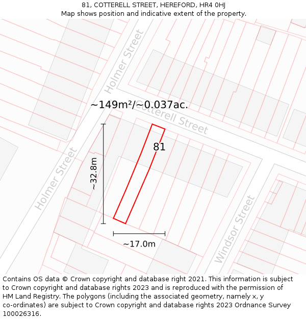81, COTTERELL STREET, HEREFORD, HR4 0HJ: Plot and title map