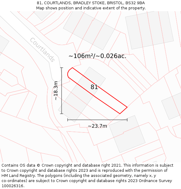 81, COURTLANDS, BRADLEY STOKE, BRISTOL, BS32 9BA: Plot and title map