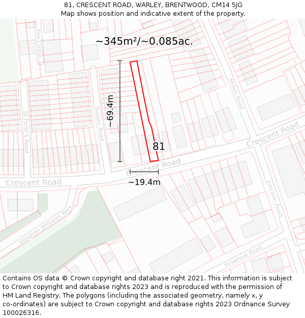 81, CRESCENT ROAD, WARLEY, BRENTWOOD, CM14 5JG: Plot and title map
