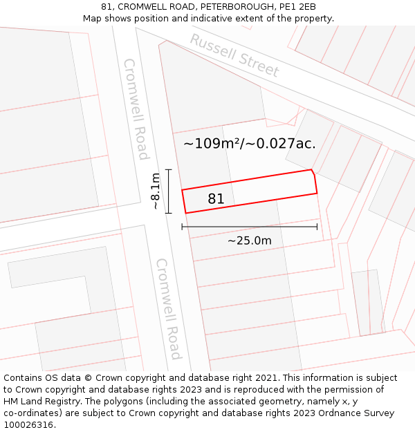 81, CROMWELL ROAD, PETERBOROUGH, PE1 2EB: Plot and title map