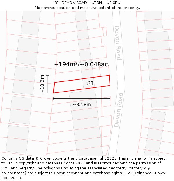 81, DEVON ROAD, LUTON, LU2 0RU: Plot and title map